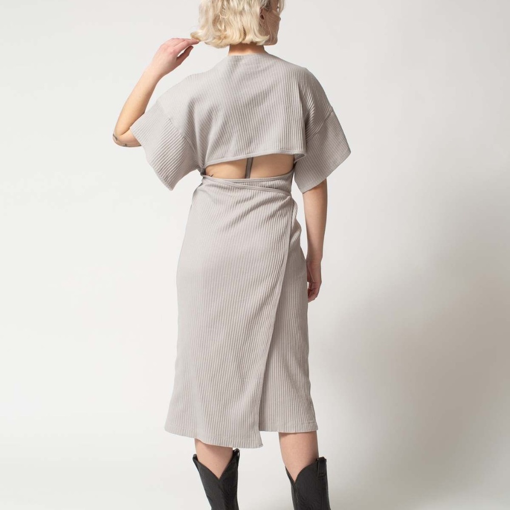 BASERANGE The Clair Wrap Dress Grey Organic Ribbed Cotton Open Cutout Back M